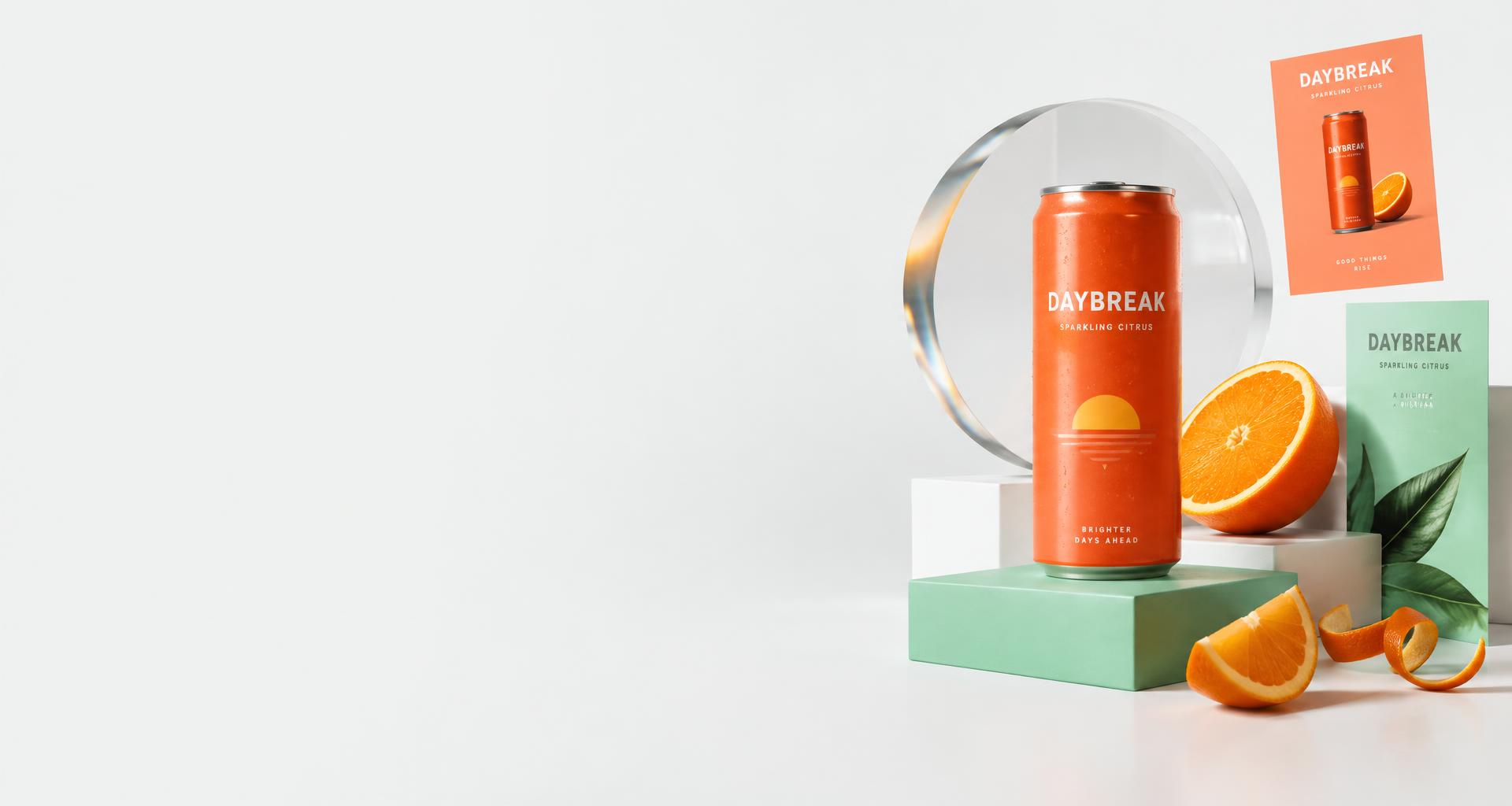 Daybreak fictional beverage campaign with product, static ad and banner concepts